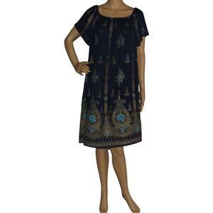 Ana & Rose Shift Dress Womens XL Peacock Boho Navy Blue Rayon loose casual
